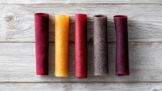 Rolled fruit leather strips made from natural berry and fruit puree on a wooden surface background