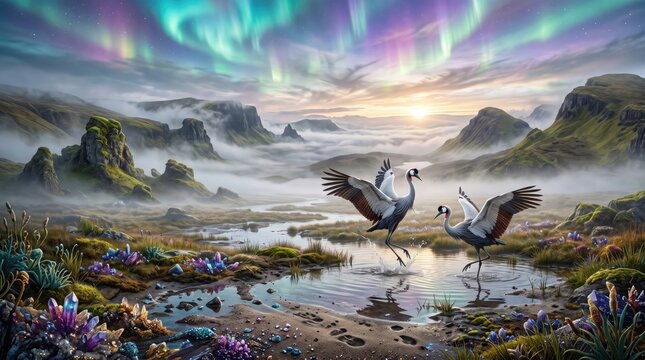 Fantasy aurora wetland landscape with birds - fantasy digital art landscape