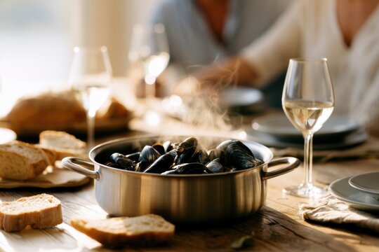 Happy family enjoying a meal of fresh mussels and wine at a wooden table in sunny Provence