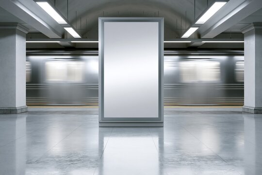 Bright billboard stands still while a subway train blurs in the background of a quiet station