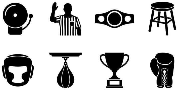 Boxing Icons Set: Championship Belt, Referee, Gloves, Trophy, Bell, Stool, Punching Bag, Headgear