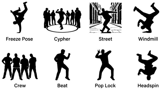 Breakdance Silhouettes: Freeze Pose, Cypher, Street, Windmill, Crew, Beat, Pop Lock, Headspin Dance Moves