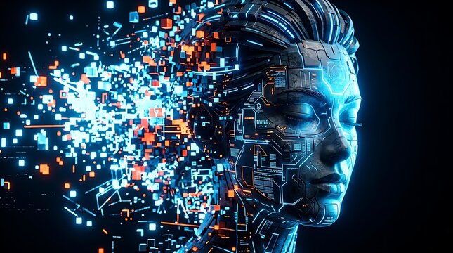 Cybernetic human head with digital data background