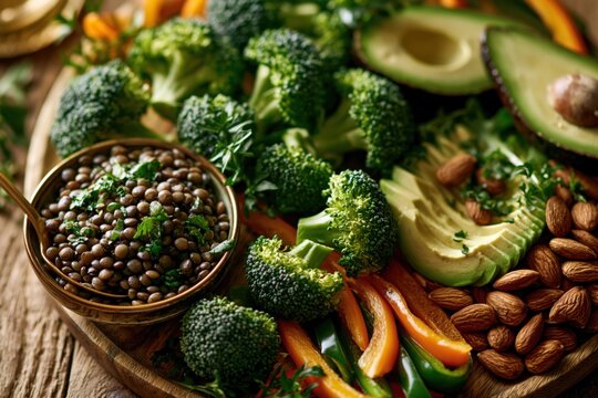 Nutritious lentils and vegetables on a wooden board in natural light