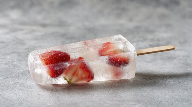 Clear frozen popsicle with fresh strawberry pieces inside resting on a smooth grey surface