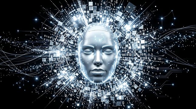 Digital futuristic human face with binary data explosion