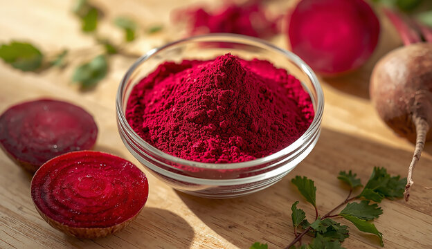 Beetroot powder in a small bowl next to a whole beetroot, showcasing the vibrant color and natural form of the vegetable.
