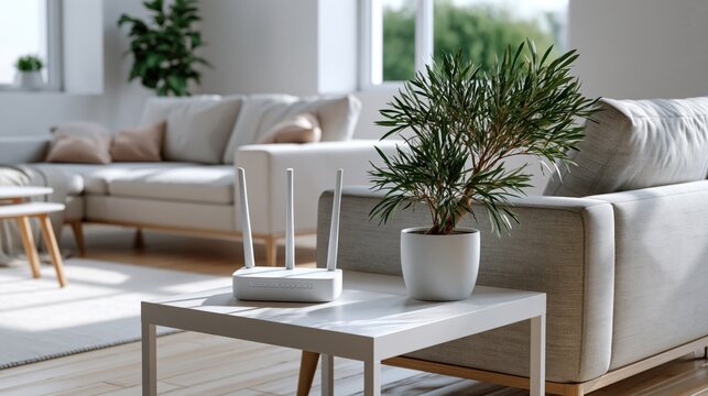 Modern white wifi router placed on a side table in a sunlit living room with neutral home decor