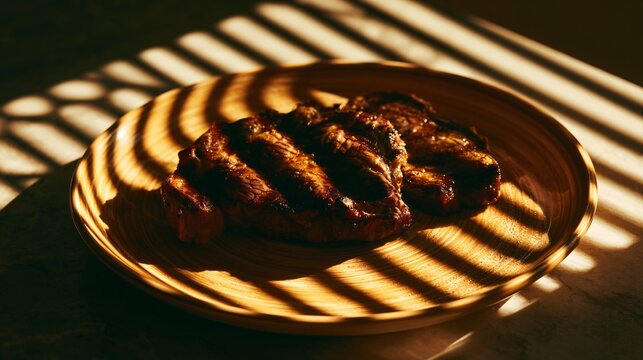 A golden-hour steakhouse concept with grilled steak illuminated by warm sunlight creating elegant shadow patterns