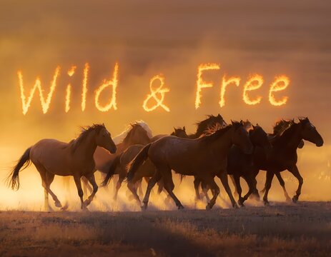 A herd of wild horses gallops across a field during golden hour a scenic landscape photography equine galloping running mustangs equus caballus animal mammal