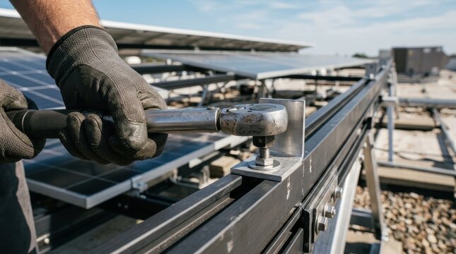 A worker tightening bolts on a solar panel installation, showcasing renewable energy and sustainable technology in action.