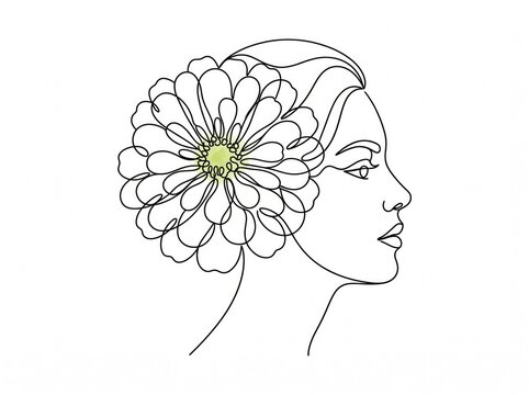 Woman profile with flower - line art floral portrait illustration