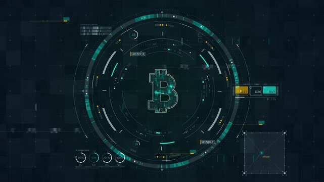 Motion graphic of a cryptocurrency bitcoin symbol inside a futuristic interface, displaying blockchain technology analytics and high tech HUD data processing elements.