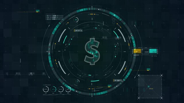 Motion graphic of digital finance concepts featuring a dollar sign inside a futuristic interface, highlighting financial technology and complex HUD data processing rings.
