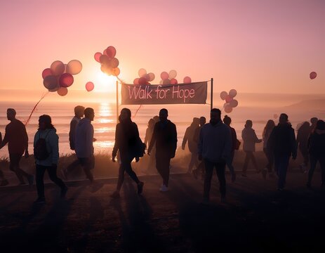 Silhouettes of people walking at sunrise during a walk for hope event with balloons and a banner silhouette dawn walkathon charity fundraising group community