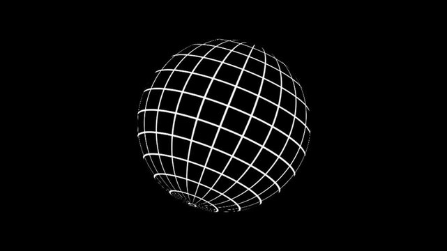 3D white wireframe globe rotating at an angle on black background. High-tech digital grid sphere loop for science, tech, and global network.