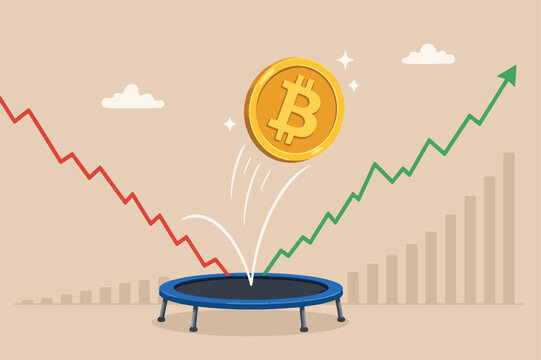 Bitcoin price rebound, crypto currency bounce back rising up after falling down concept, golden bitcoin bounce back on the trampoline rising up on price graph