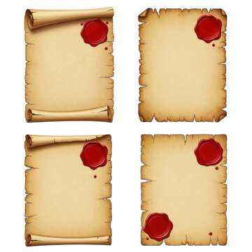 Set of old vintage paper scrolls and parchment with wax seals