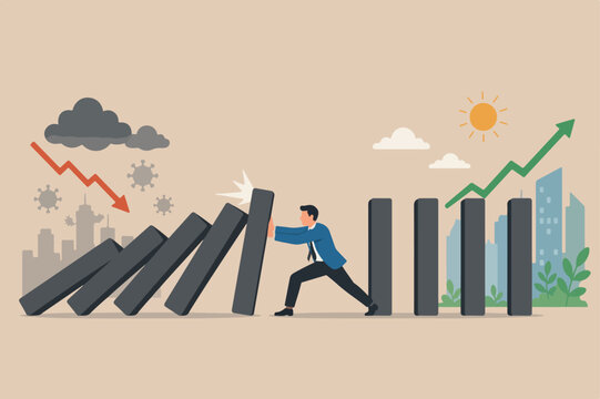 Business resilience, flexibility working to survive and stand back in economic crisis, endurance and adaptability in business success concept, confident strong businessman push back falling dominos