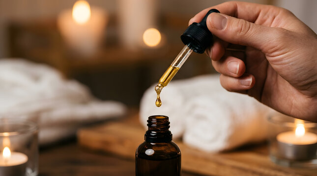 Person using a glass pipette dropper to drop golden essential oil into a dark amber glass bottle in a cozy spa setting with warm candlelight and towels.