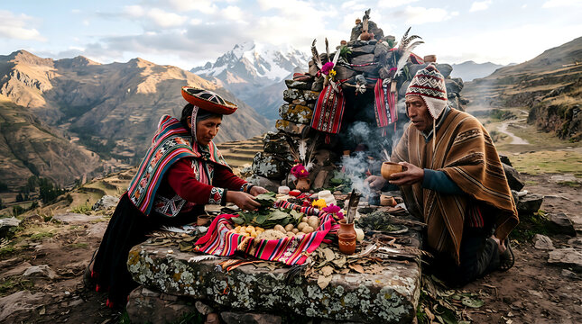 Andean people performing traditional ritual. Indigenous couple offering gifts to Pachamama.