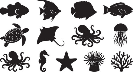 Collection of black silhouettes of various marine creatures including fish, octopus, starfish, jellyfish, and coral isolated on white background © RobiulIslam