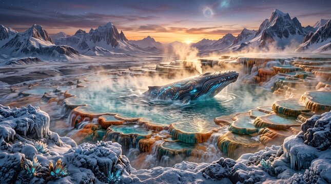 Fantasy hot springs mountain landscape - fantasy digital art landscape