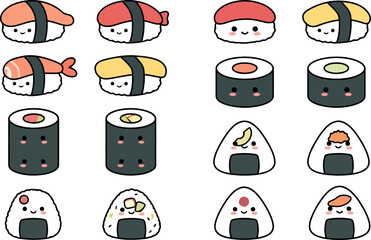 Cute sushi and onigiri vector set, collection of japanese food illustrations with happy faces, kawaii style nigiri, maki rolls and rice balls © InspireStock