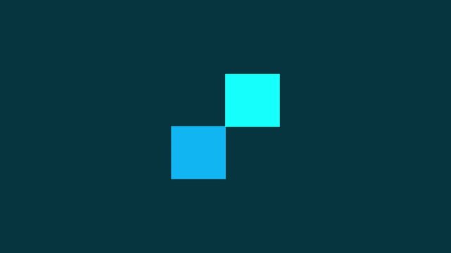 Two cyan squares pixel loader animation blinking sequentially on dark blue background. Minimalist motion graphics preloader element for UI UX design.