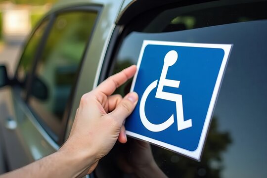 Close-up of a man putting a wheelchair accessibility sticker on a car's bumper.