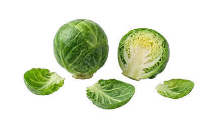 Fototapeta premium Fresh whole and halved brussels sprouts with loose leaves isolated on transparent background