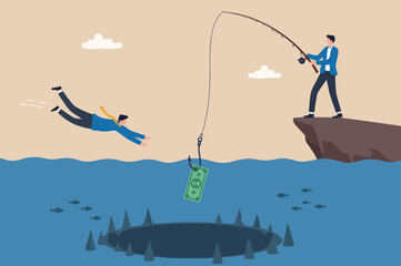 Fototapeta premium Investment risk or money trap, business fraud and cheating or financial pitfall and mistake concept, businessman diving business ocean takes a bait to the hook fishing with money dollar banknote