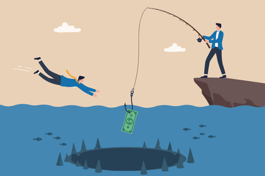 Investment risk or money trap, business fraud and cheating or financial pitfall and mistake concept, businessman diving business ocean takes a bait to the hook fishing with money dollar banknote