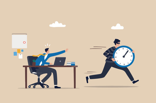 Steal time, productivity or procrastination problem, work efficiency finish in deadline, strategy or accomplishment concept, burglar thief stealing time clock and run away
