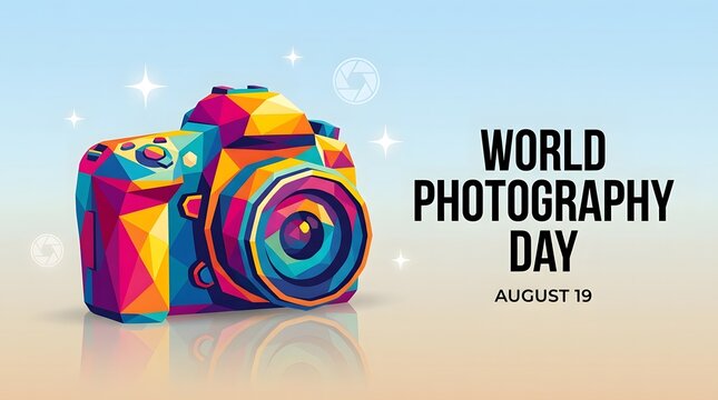 Colorful geometric low poly camera illustration celebrating world photography day with bright vibrant colors and sparkling stars on soft background