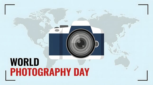 Digital camera illustration featuring a world map background for world photography day celebration with minimalist blue and white graphic elements