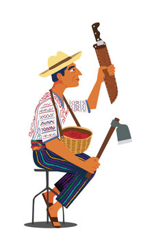 Guatemalan coffee farmer in traditional clothing holding machete and axe &ndash; Flat vector illustration