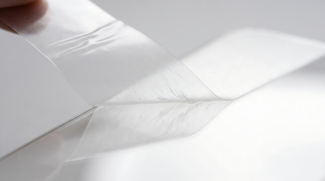Hand Peeling Off Clear Transparent Adhesive Tape or Protective Film Close-Up Shot