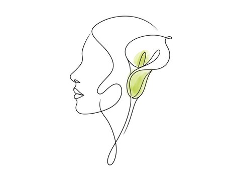 Woman profile with leaf - line art floral portrait illustration