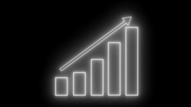 Neon upward bar chart with five bars and diagonal arrow on black background animation