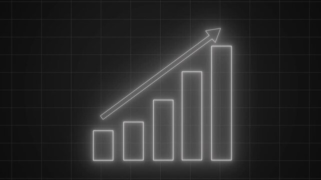 Neon upward bar chart with five bars and diagonal arrow on black background animation