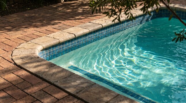 Close up view of crystal clear swimming pool water and stone tile coping edge