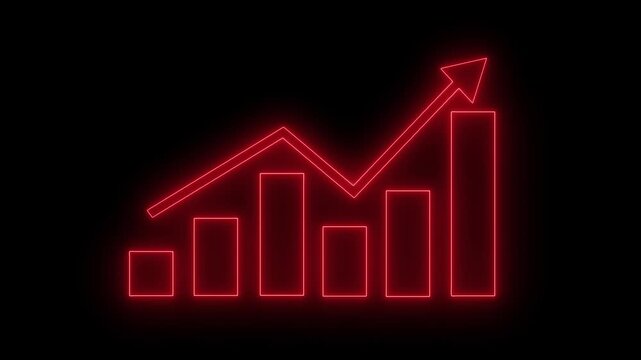 Glowing neon-style outline of a bar chart with five vertical bars and a downward arrow above animation