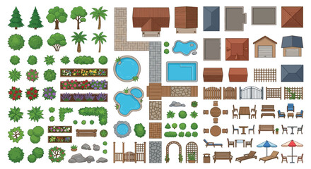 Fototapeta premium Landscape elements vector illustration with trees buildings and water features