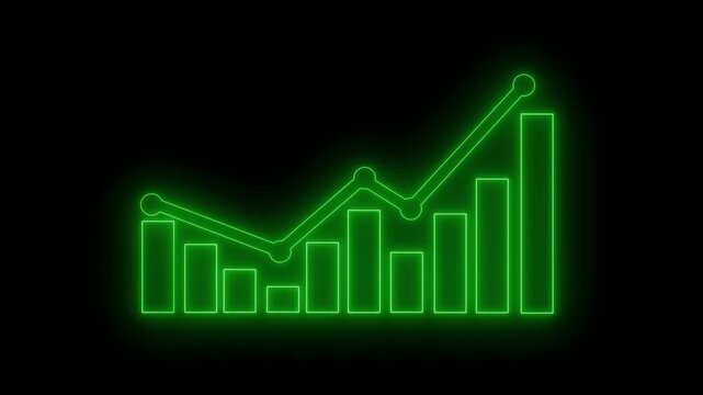 Neon glowing bar chart with line graph overlay on black background, minimalist digital analytics concept animation