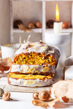 Pumpkin cake with chocolate and icing, prepared for a Halloween party.