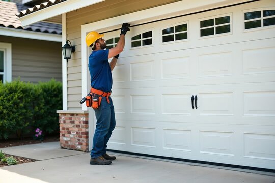Contractor Installing and Repairing Garage Door in Residential Property