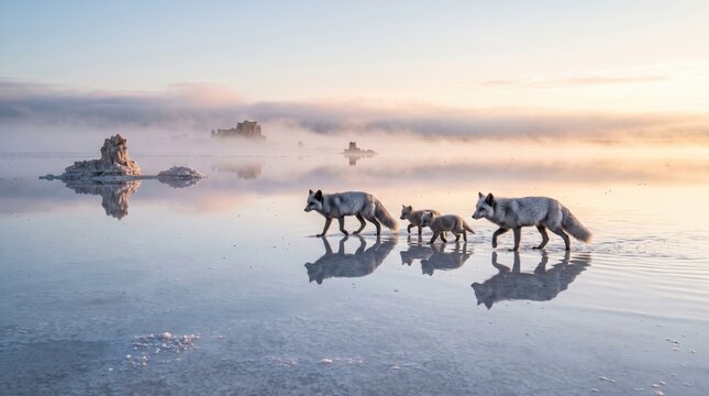 Fantasy foggy landscape with animals - fantasy digital art landscape