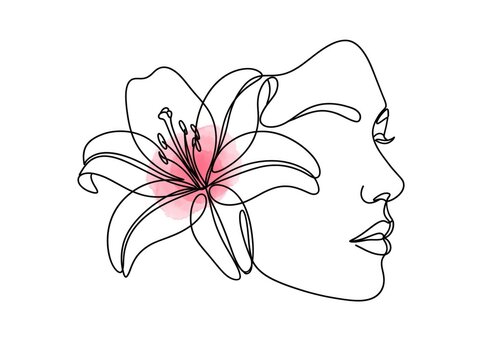 Woman profile with lily flower - line art floral portrait illustration