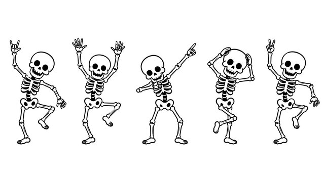Dancing Skeletons Illustration: A playful illustration featuring five cartoon skeletons in various dynamic dance poses, evoking a sense of spooky fun and movement.